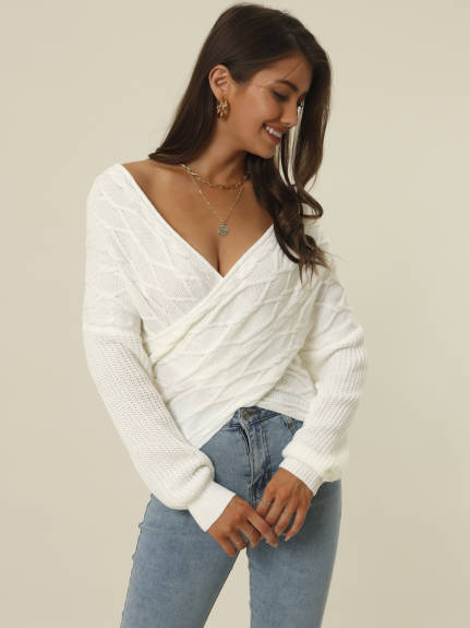 Allegra K- V Neck Off Shoulder Asymmetric Hem Cable Knitted Crop Sweater