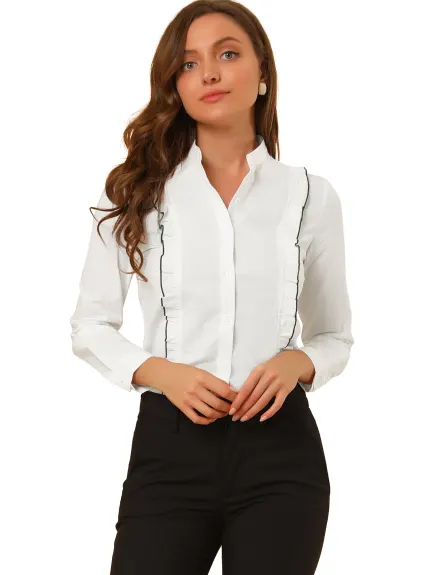 Allegra K- Long Sleeve Ruffle Trim Contrast Piping Shirt