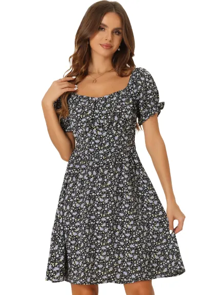 Allegra K - Sweetheart Neck Smocked Back Floral Dress