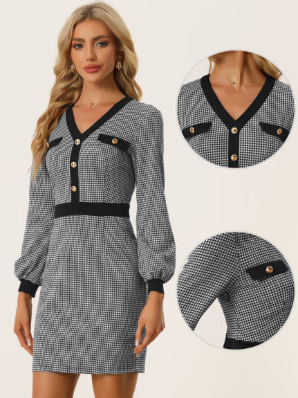 Allegra K- Houndstooth V Neck Long Sleeve Pencil Sheath Dress