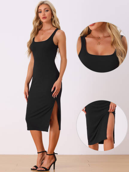 Allegra K- Sleeveless Rib Knit Side Slit Dress