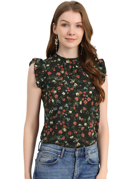 Allegra K - Casual Stand Collar Sleeveless Summer Floral Top