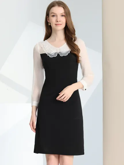 Allegra K- Contrast Chiffon Panel Mesh Long Sleeve A-Line Dress