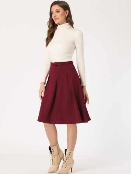 Allegra K - A-Line Belted Midi Pleated Skirt