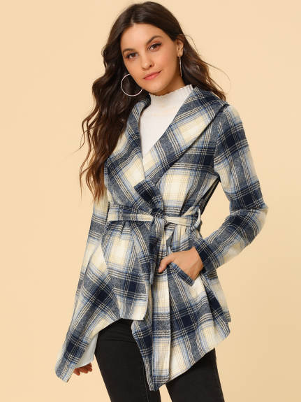 Allegra K- Turn Down Collar Asymmetric Hem Plaids Coat