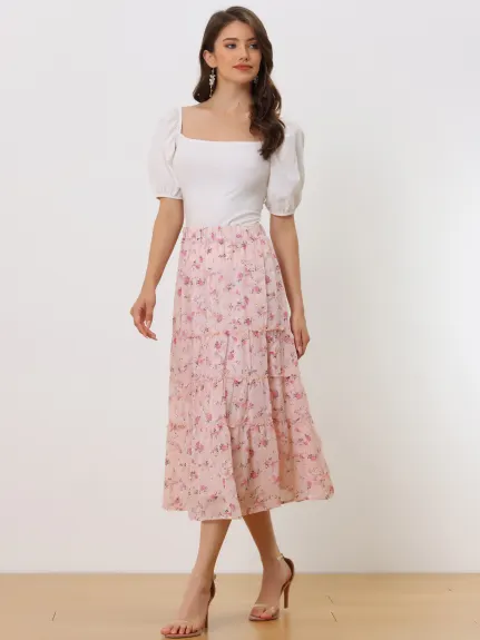 Allegra K- Floral Tiered A-Line Long Chiffon Skirt