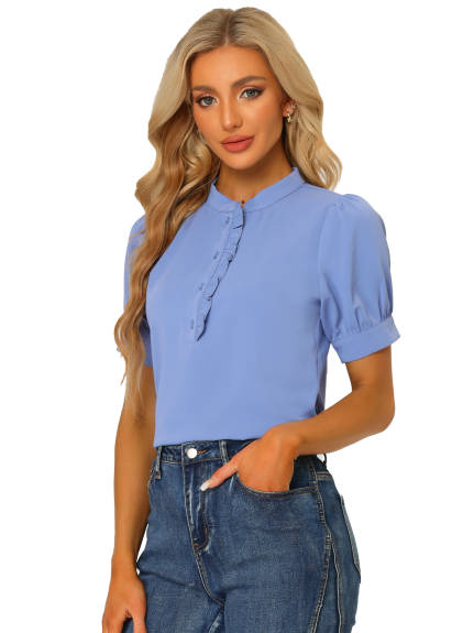 Allegra K - Puff Sleeve Chiffon Half Placket Top