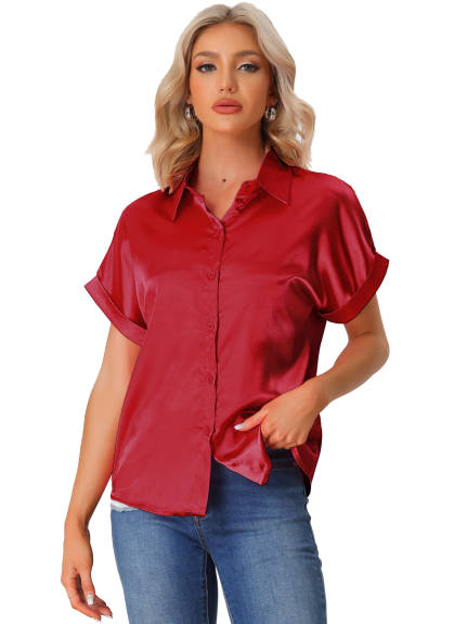 Allegra K - Satin Button Down Short Sleeves Shirt