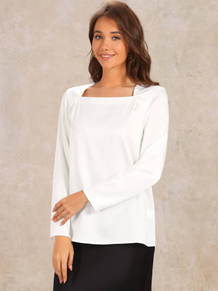 Allegra K - Solid Square Neck Loose Satin Blouse