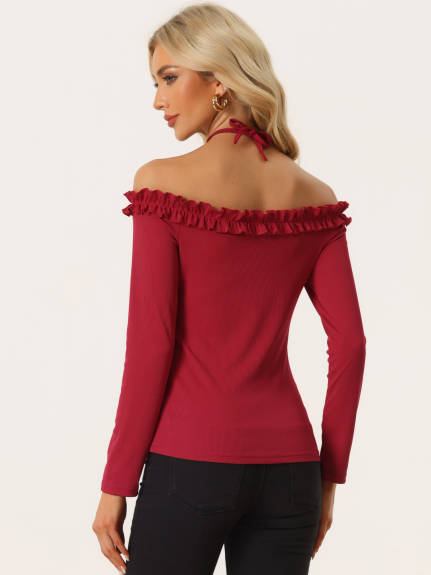 Allegra K- Tie Halter Off Shoulder Lettuce Trim Top