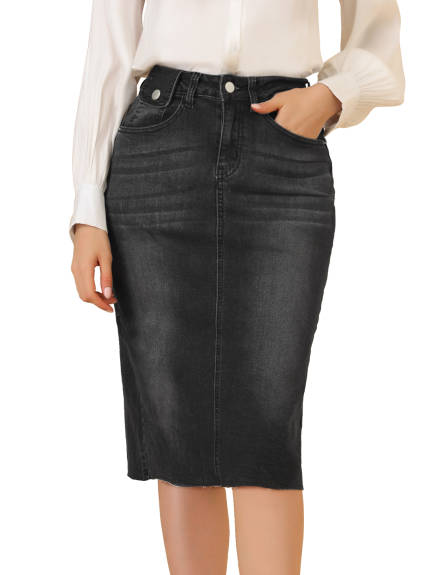 Allegra K- High Waist Back Slit Stretch Denim Skirt