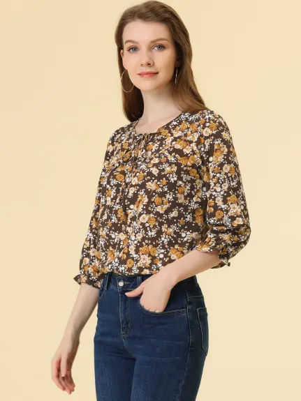 Allegra K- Tie Blouse florale à manches 3/4 et col en V