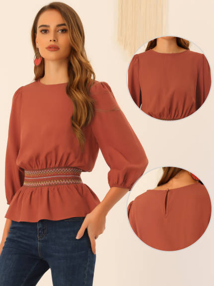 Allegra K- Peplum 3/4 Sleeve Smocked Waist Blouse