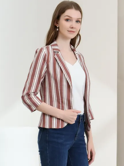 Allegra K- Casual Striped 3/4 Sleeves Open Front Notched Lapel Blazer