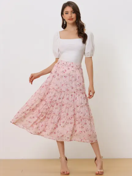 Allegra K- Floral Tiered A-Line Long Chiffon Skirt