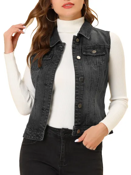 Allegra K- Gilet boutonné en denim délavé avec poches à rabat