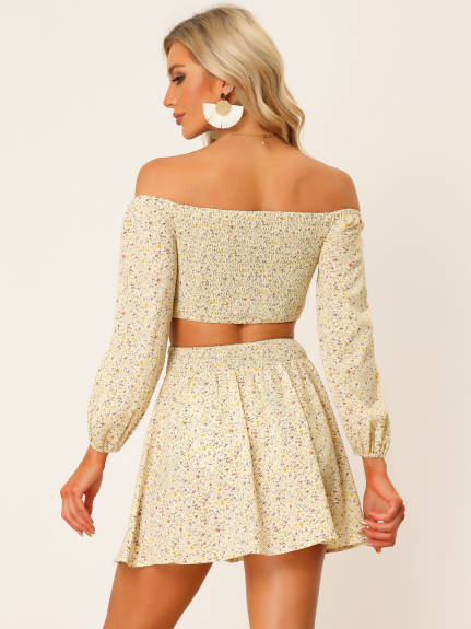 Allegra K- 2 Piece Outfit Floral Off Shoulder Smock Top and Mini Skirt