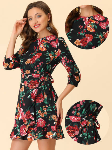 Allegra K- 3/4 Sleeve Ruffle Waist Tie Faux Wrap Floral Dress