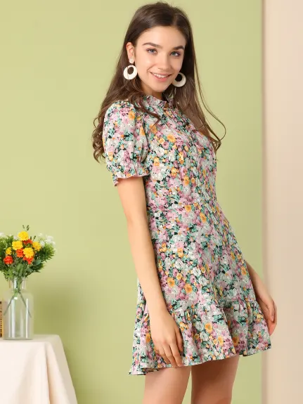 Allegra K- Ruffle Chiffon Tie Neck Puff Short Sleeve Floral Smock Dress