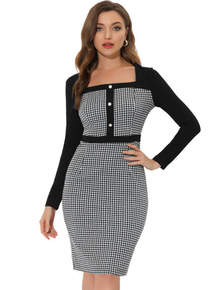 Allegra K- Bodycon Square Neck Contrast Color Plaid Houndstooth Dress