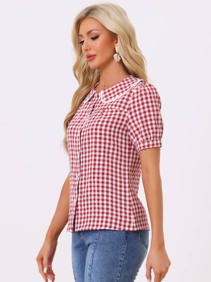 Allegra K - Summer Peter Pan Collar Gingham Shirt