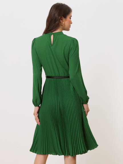 Allegra K- Elegant Long Sleeve Pleated Midi Shirt Dress