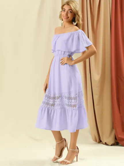 Allegra K- Off The Shoulder Ruffle Sleeve Lace Insert Beach Chiffon Midi Dress