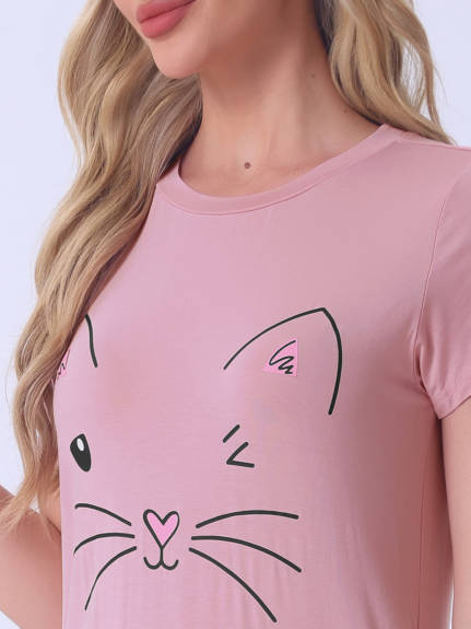 Cheibear - Cute Cats Printed Short Sleeve Nightgown