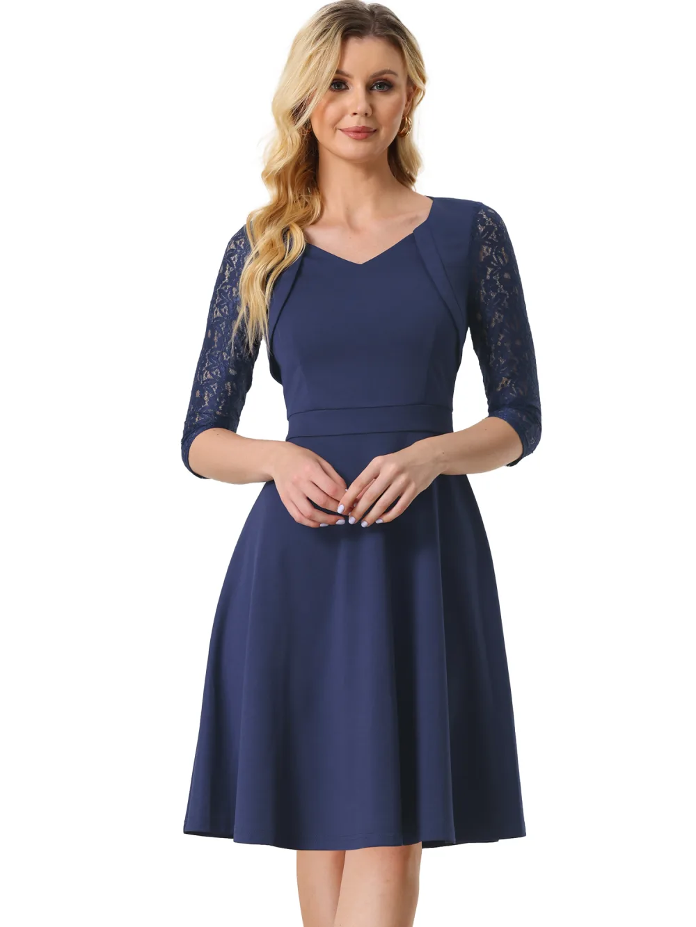 Allegra K- robe de soirée contraste en dentelle manches 3/4 taille haute