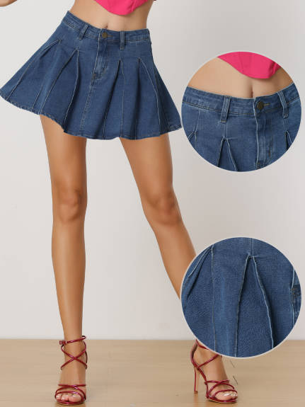 Allegra K - A-Line Pleated Mini Denim Skirt