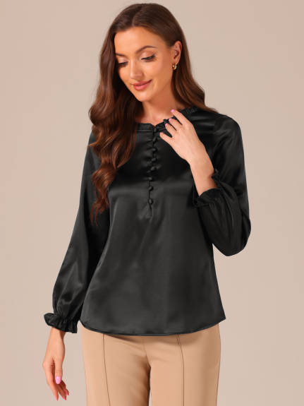 Allegra K- Ruffle Neck Bubble Sleeve Elastic Cuff Blouse