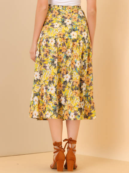 Allegra K- Floral Sunflower Tiered Chiffon A-Line Skirt