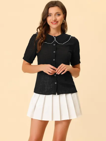 Allegra K - Peter Pan Collar Contrast Trim Gingham Shirt