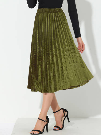 Allegra K- Winter Elastic Waist Velvet Pleated Midi Skirt