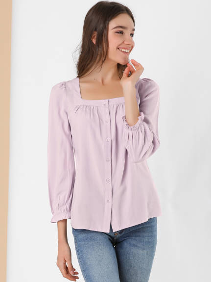 Allegra K - Tie Back Puff Sleeve Square Neck Button Blouse