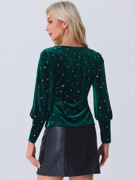 INSPIRE CHIC - Long Sleeve Stars Pattern Velvet Blouse