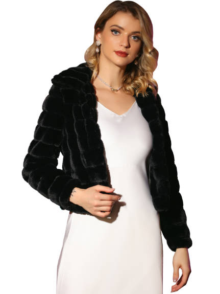 Allegra K- Faux Fur Fluffy Coat Collar Cropped Jacket