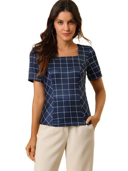 Allegra K- Square Neck Plaid Short Sleeve Blouse