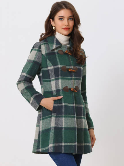 Allegra K- Turn Down Collar Plaid Toggle Duffle Long Overcoat