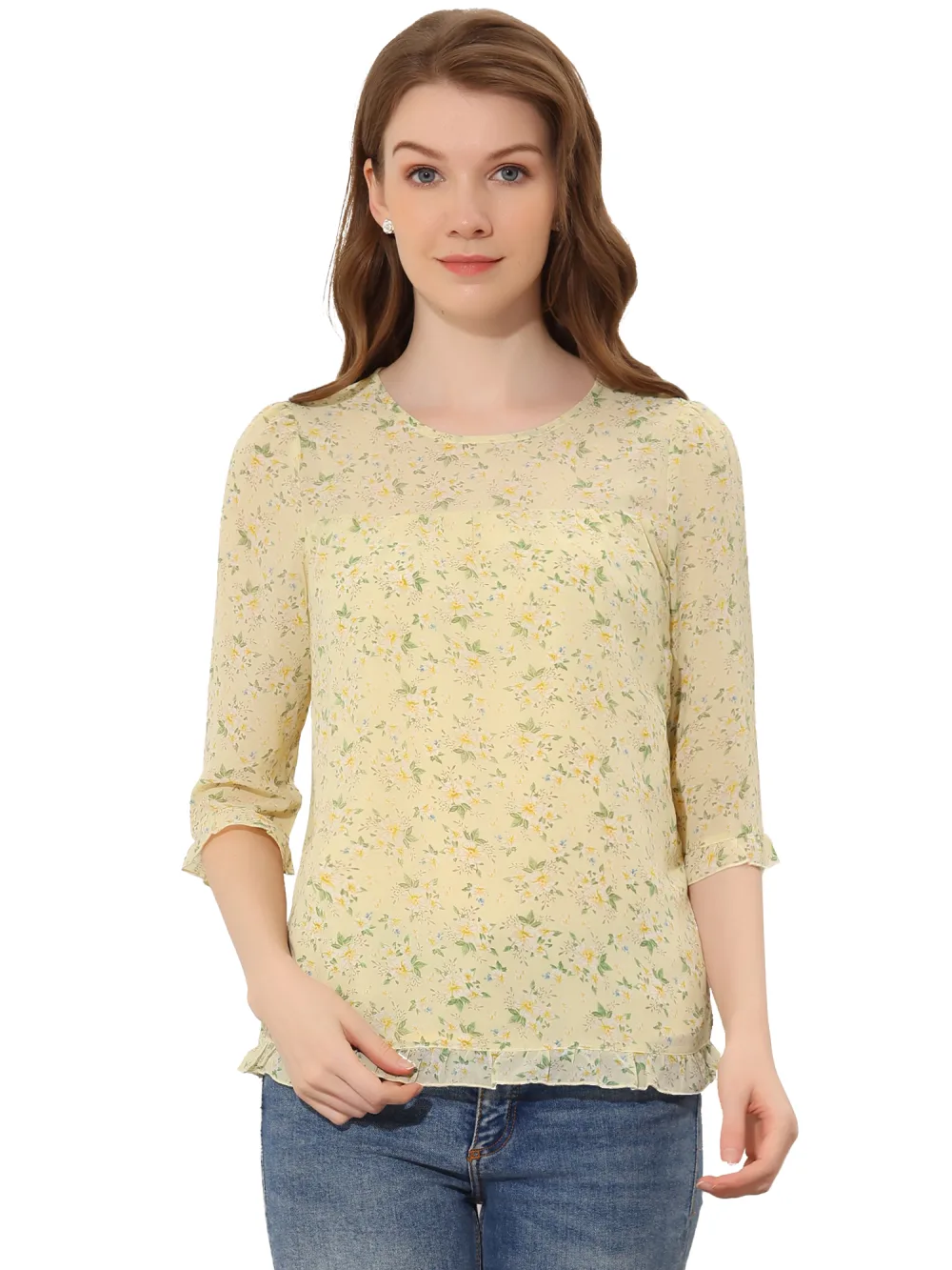 Allegra K- Blouse florale en mousseline à manches 3/4 et à volants