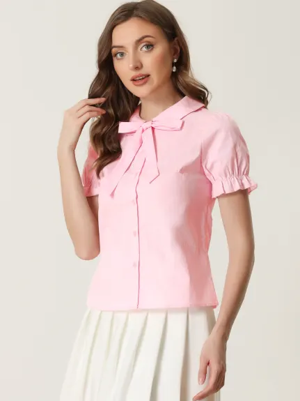 Allegra K- Chemise bouffante à manches courtes et col noué pour femme