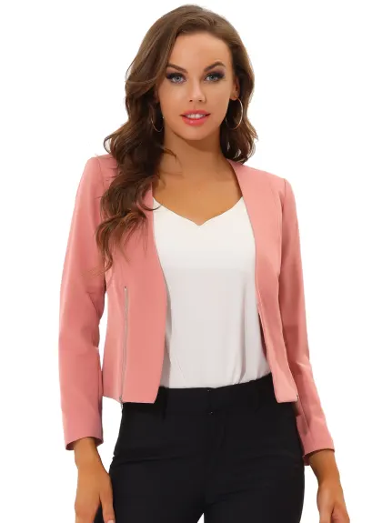 Allegra K- Open Front Zipper Collarless Cropped Blazer