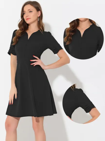 Allegra K- Elegant Puff Sleeve V Neck A-Line Dress