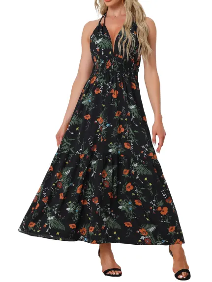 Allegra K - Halter Neck Backless Floral Maxi Dress