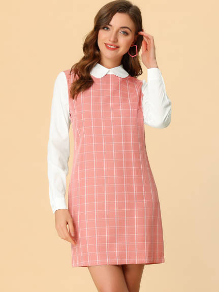 Allegra K- Peter Pan Collar Long Sleeve Check Shift Dress