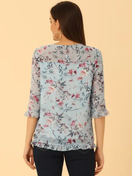 Allegra K- Floral Ruffled 3/4 Sleeve Chiffon Blouses