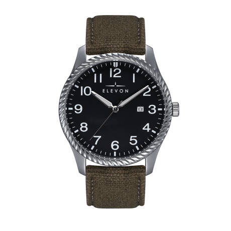 Elevon Crosswind Canvas-Overlaid Leather-Band Watch w/ Date - Silver/Brown