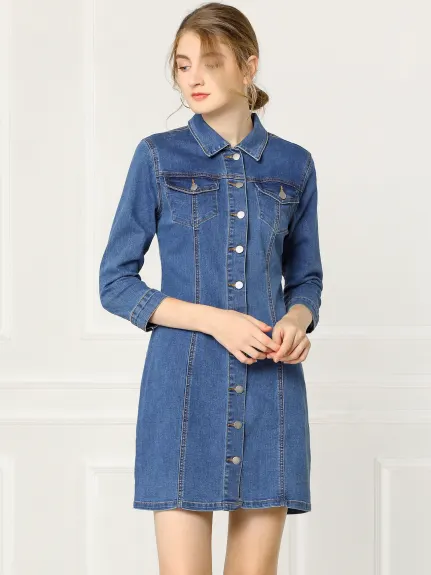 Allegra K- Robe chemise slim en jean à manches 3/4