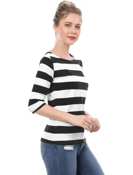 Allegra K- Boat Neck Elbow Sleeve Slim Fit Stripe T-Shirt