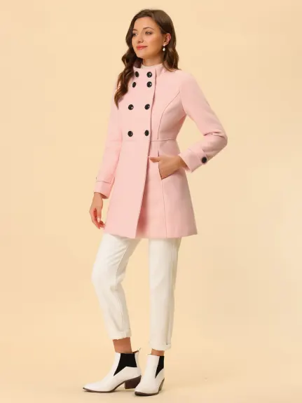 Allegra K- Stand Collar Long Sleeves Double Breasted Coat